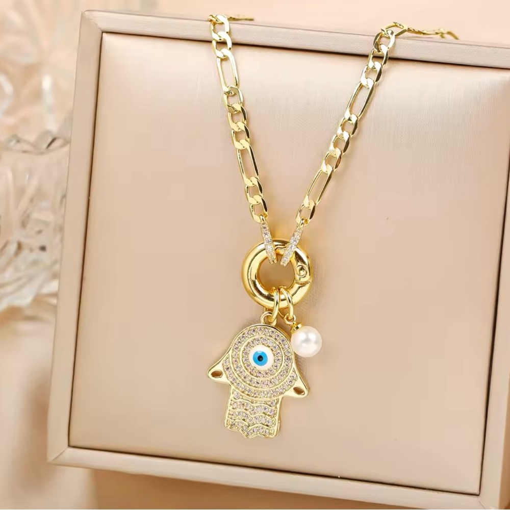 Gold Hamsa and Evil Eye Pendant Necklace on Cuban Link Chain!